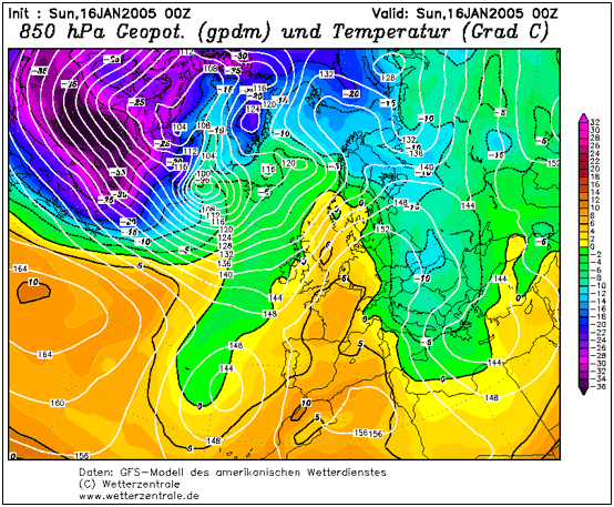 Mappa di rianalisi GFS per le ore 00Z del 17 gennaio 2005