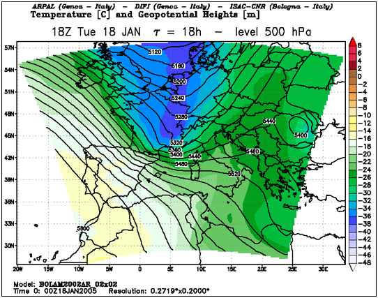 La saccatura in entrata nel Mediterraneo come prevista da BOLAM (BOlogna Limited Area Model) per le ore 19 locali del 18 gennaio 2005